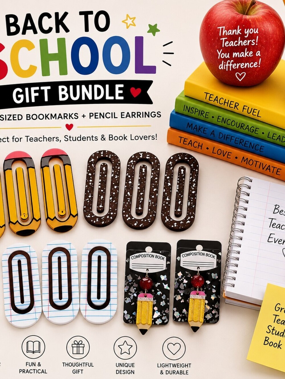 Back to School Teacher Gift Bundle Composition Book Earrings & Paperclips New